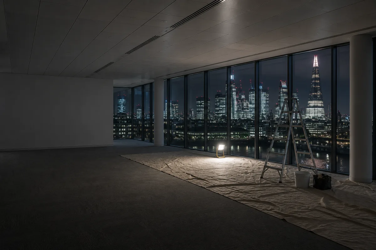 London office floor at night with maintenance work under way