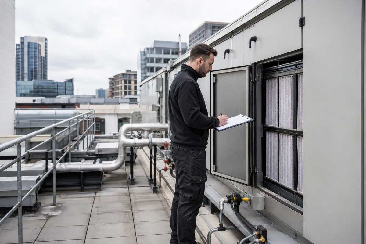 Engineer servicing plant in a London commercial building